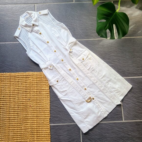 Calvin Klein White Sleeveless Belted Button Front Shirt Dress Size 4 - Picture 4 of 11